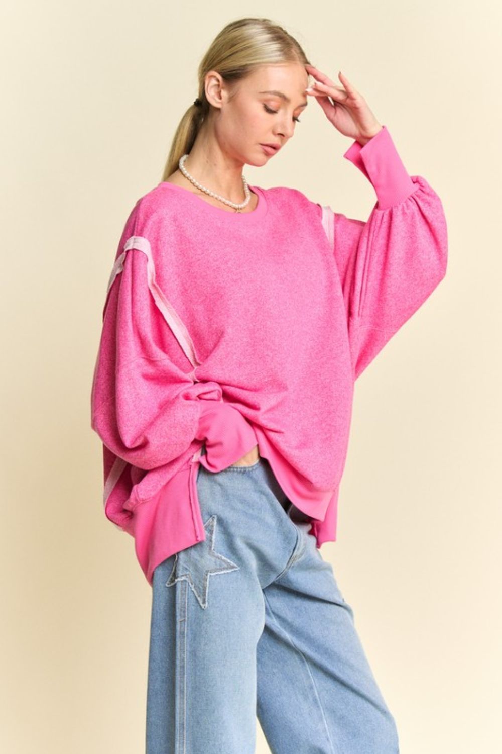 Pink Side Slit High-Low Lantern Sleeve Knit Top