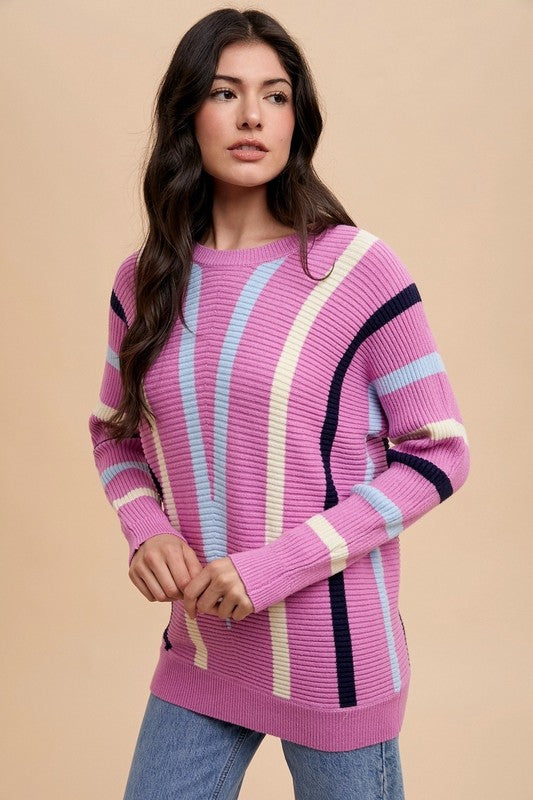 Orchid Chevron Stripe Round Neck Ribbed Sweater