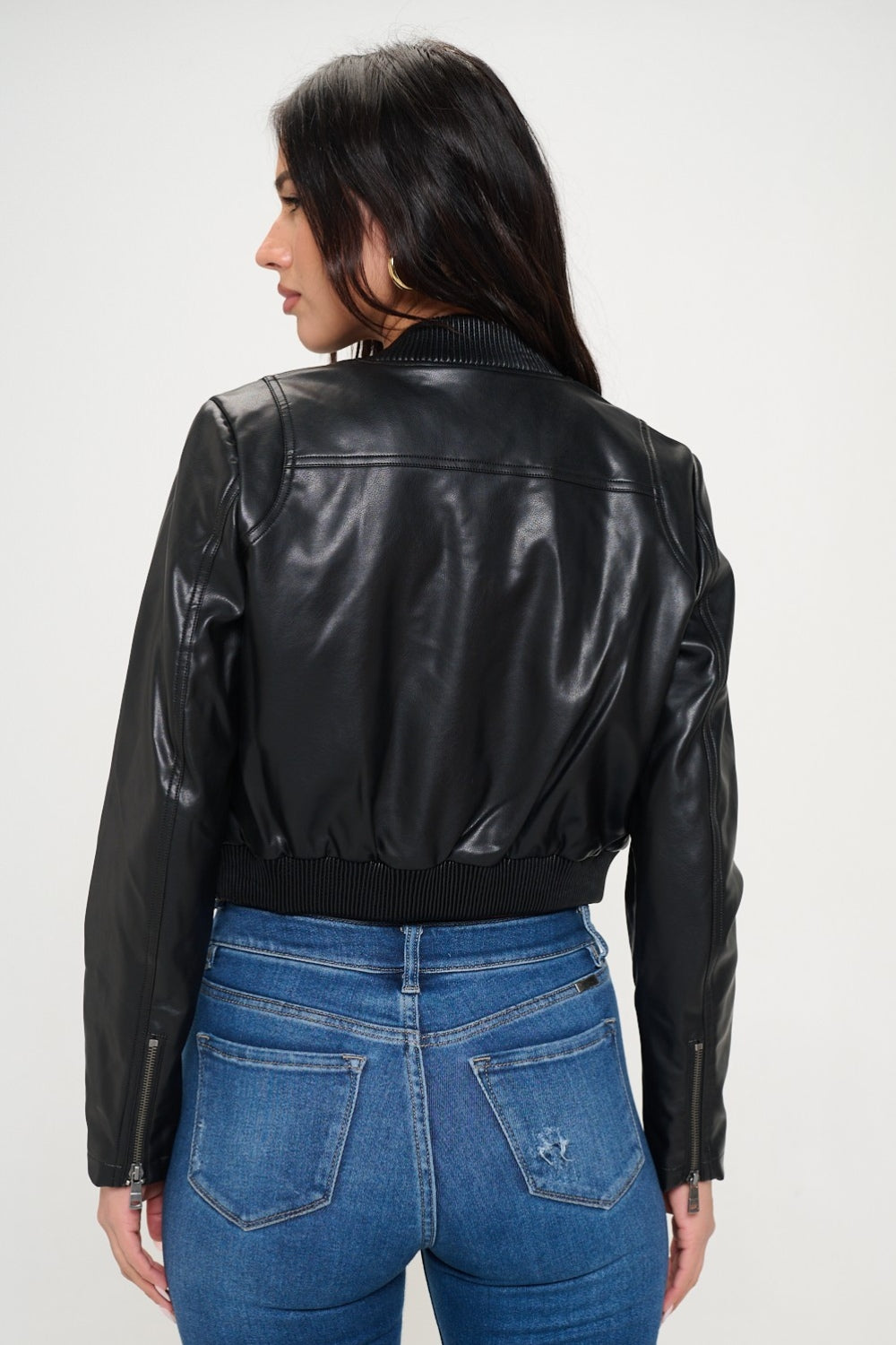 Black Faux Leather Zip Up Cropped Bomber Jacket