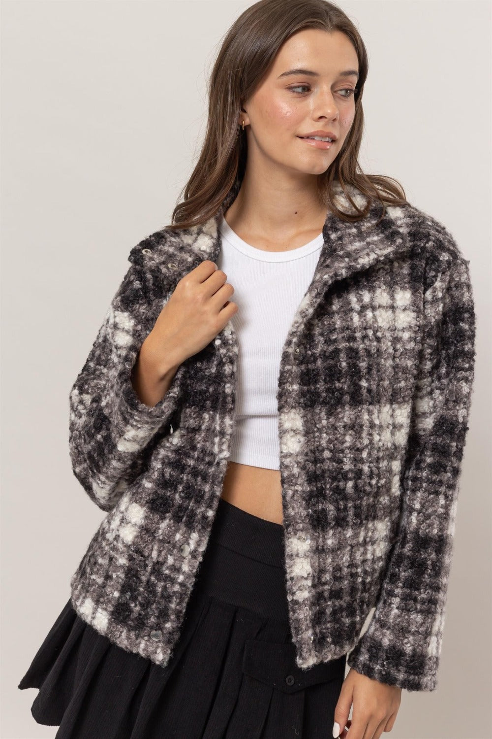 Black Plaid Collared Neck Boucle Jacket with Pockets