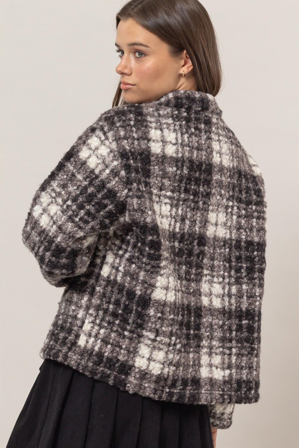 Black Plaid Collared Neck Boucle Jacket with Pockets