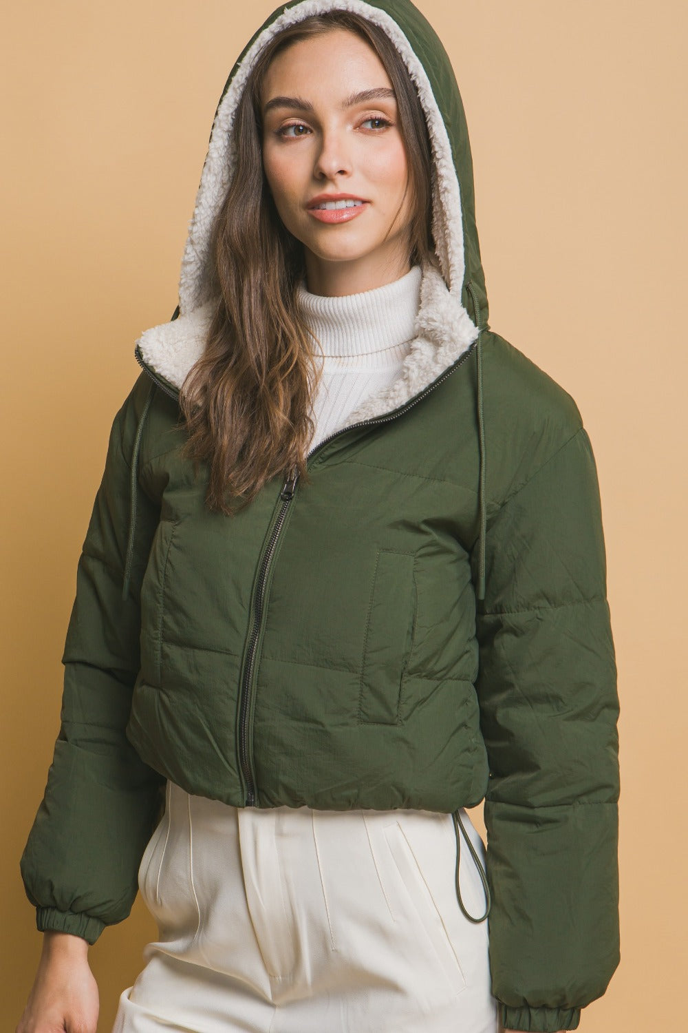 Hunter Zip Up Cropped Hooded Sherpa Reversible Jacket