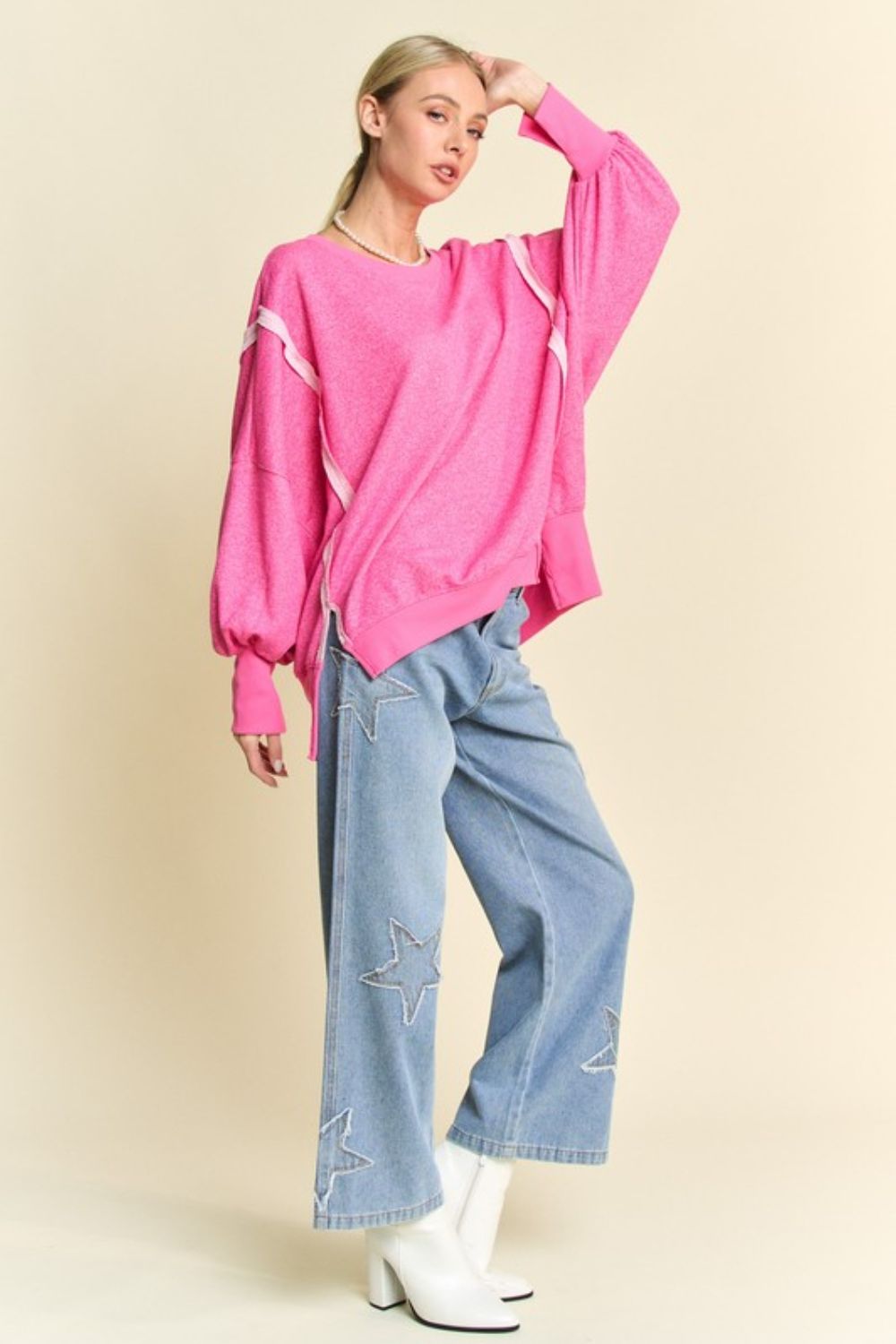 Pink Side Slit High-Low Lantern Sleeve Knit Top