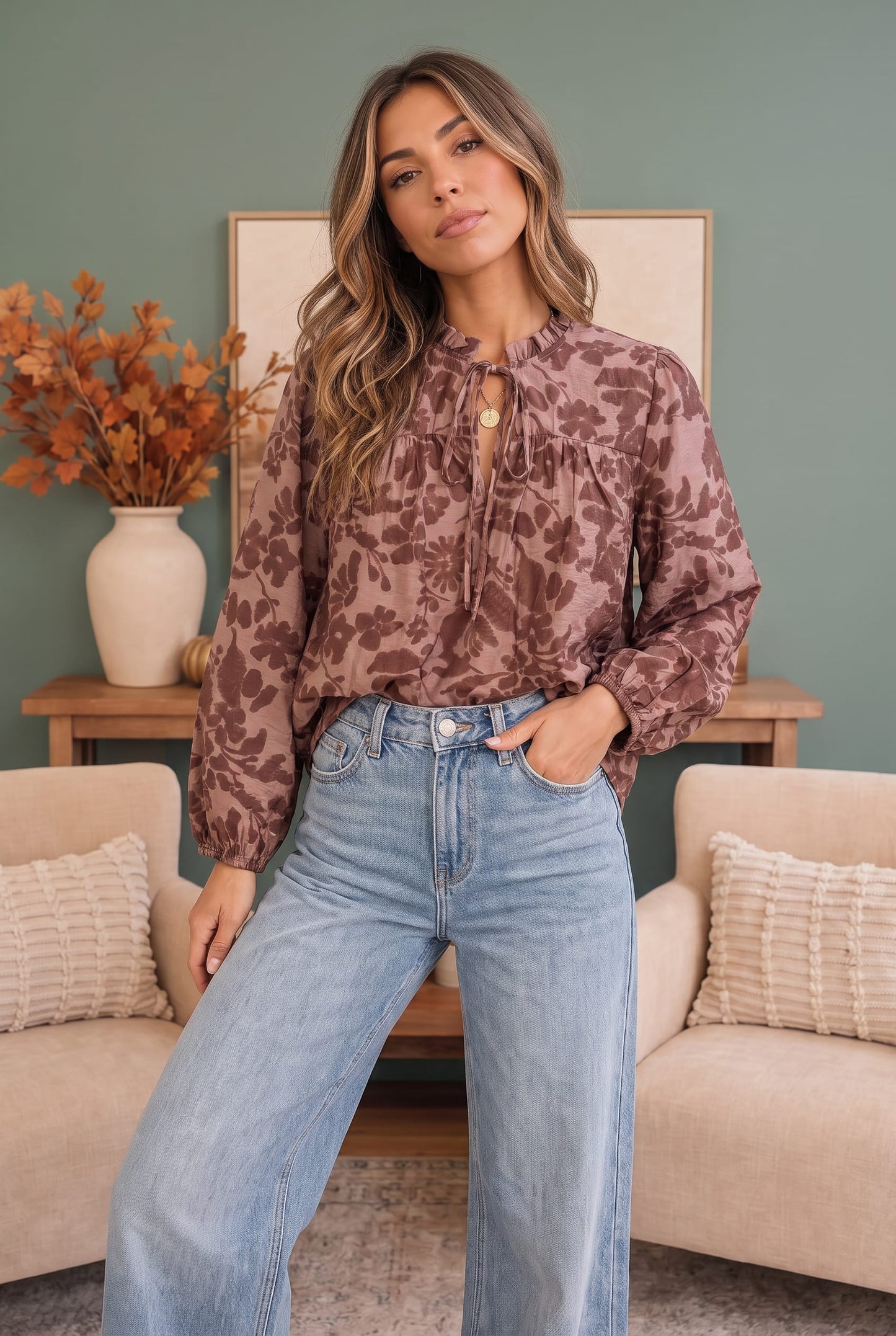 Cozy Blooms Floral Tie Blouse