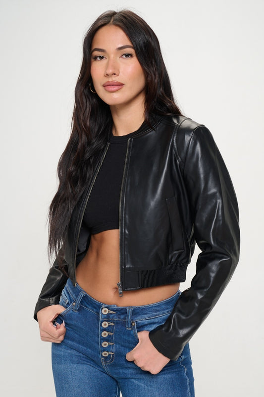 Black Faux Leather Zip Up Cropped Bomber Jacket