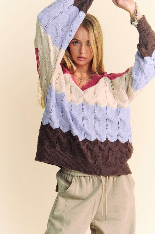 Mauve/Light Blue Wavy Texture Color Block V-Neck Sweater