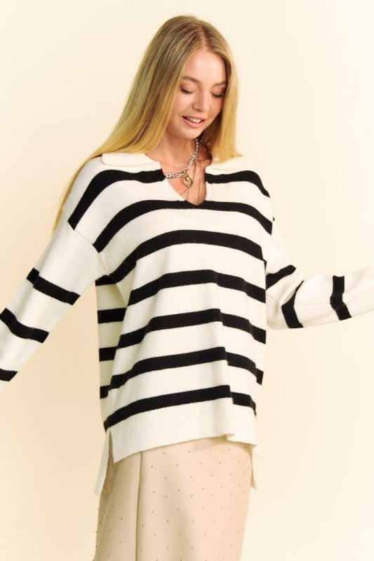 White High-Low Side Slit Striped Johnny Collar Sweater