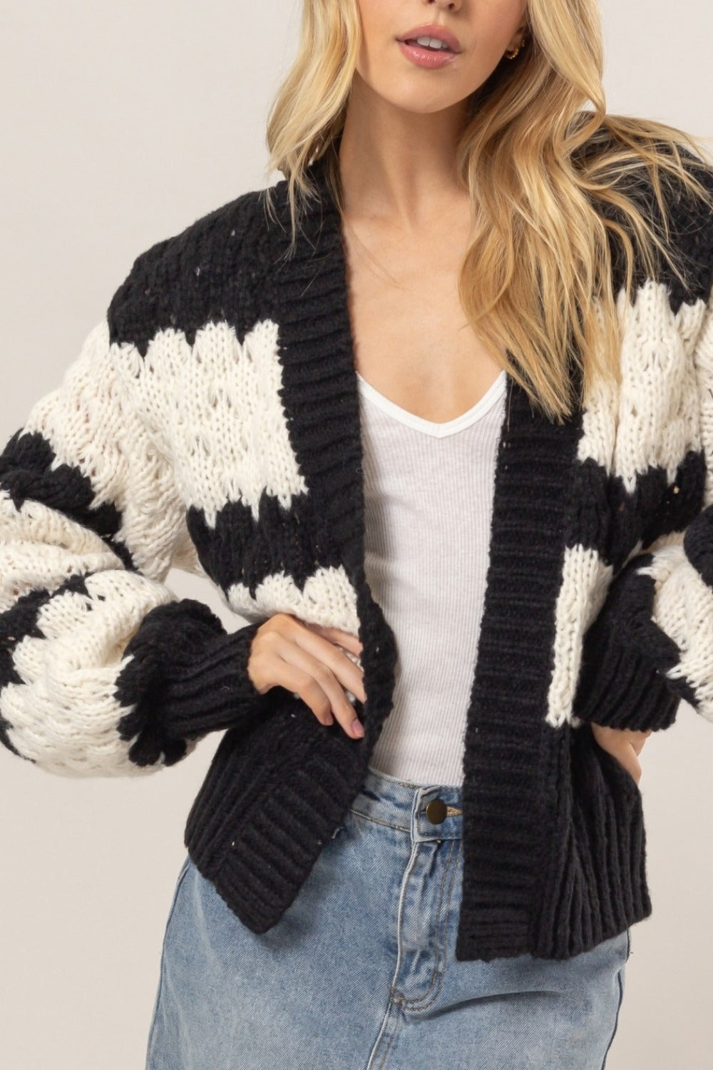 Black Scallop Striped Open Front Long Sleeve Sweater Cardigan