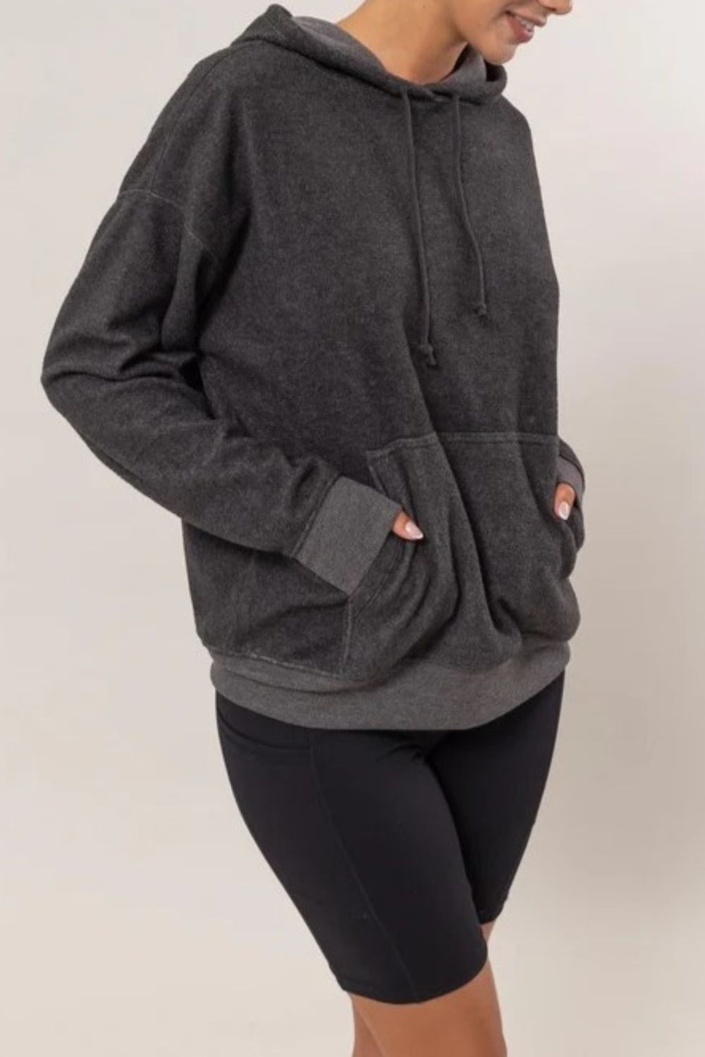 Charcoal Brushed Long Sleeve Hoodie with Kangaroo Pocket