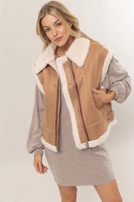 Brown Fur-Contrast Zip Up Suede Vest