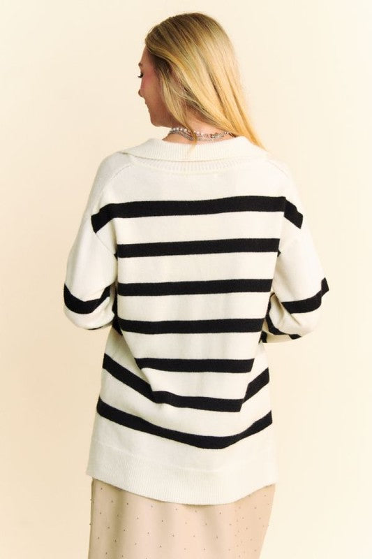 White High-Low Side Slit Striped Johnny Collar Sweater