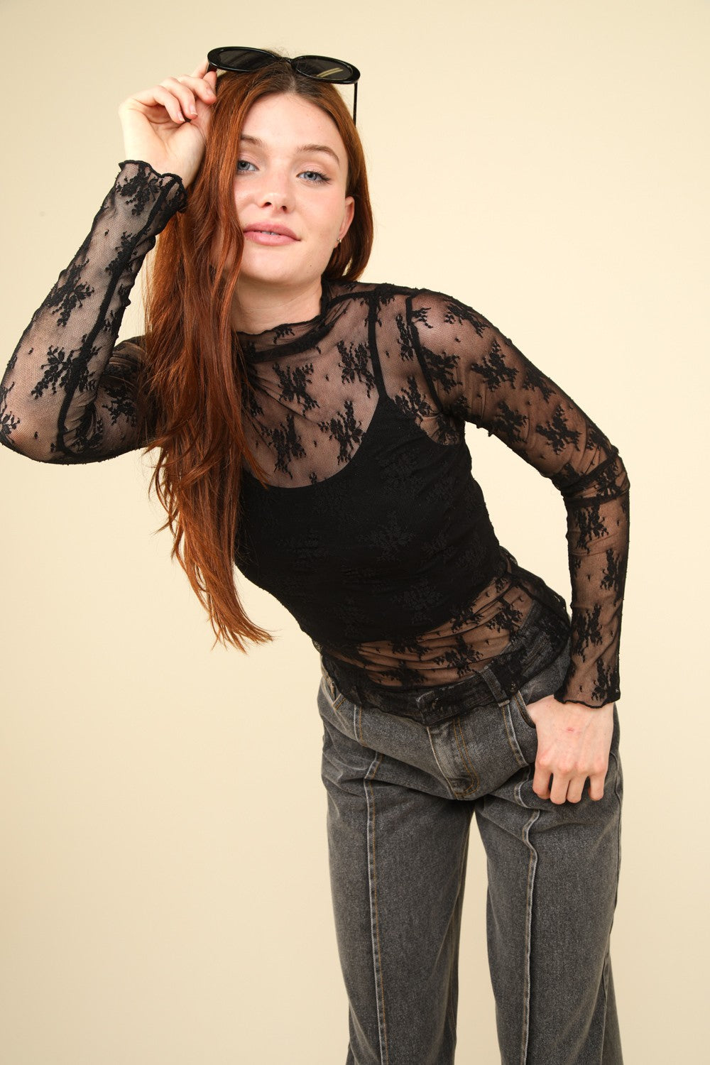 Black Mock Neck Fitted Sheer Mesh Lace Blouse