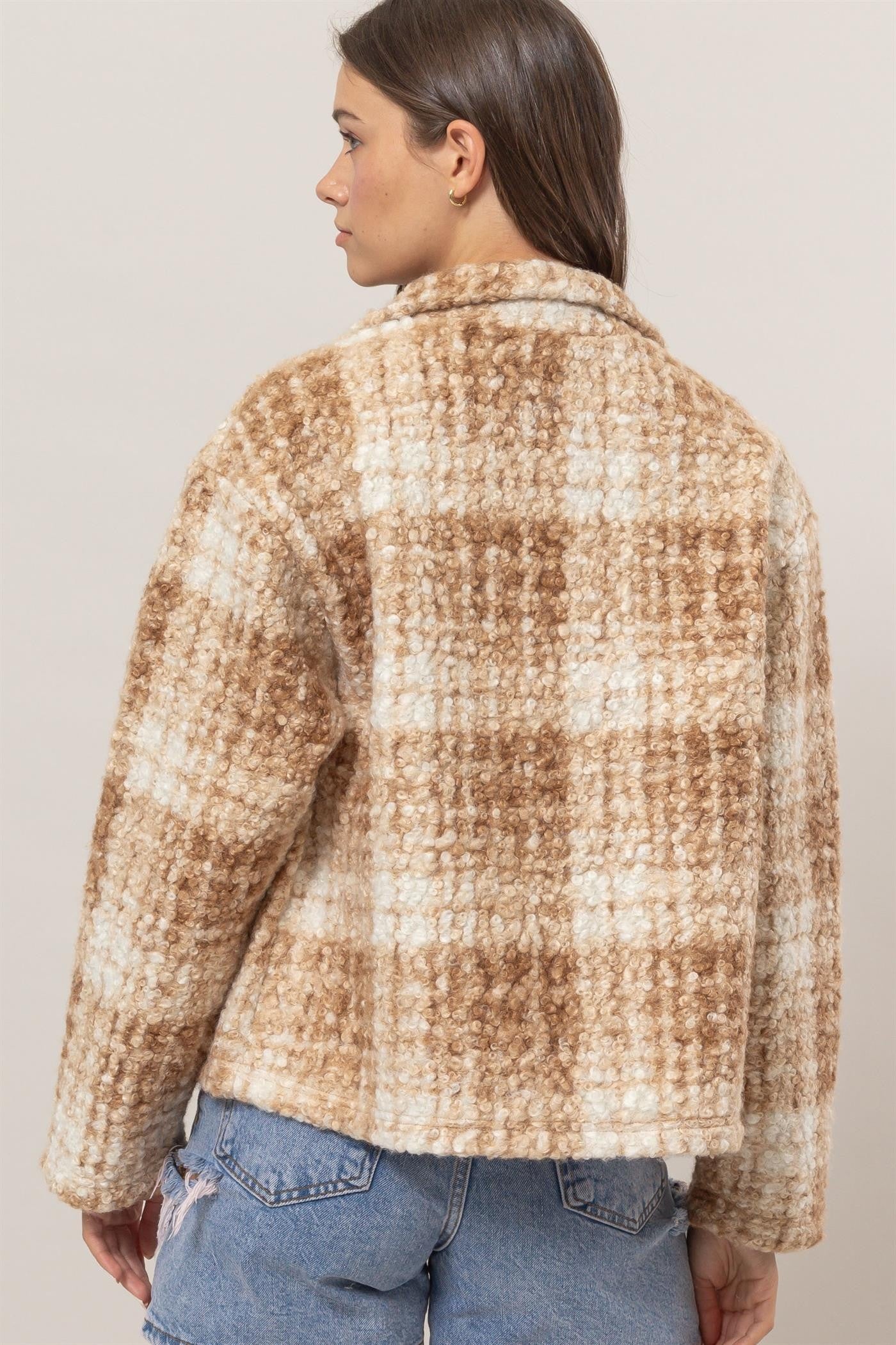 Taupe Plaid Collared Neck Boucle Jacket with Pockets