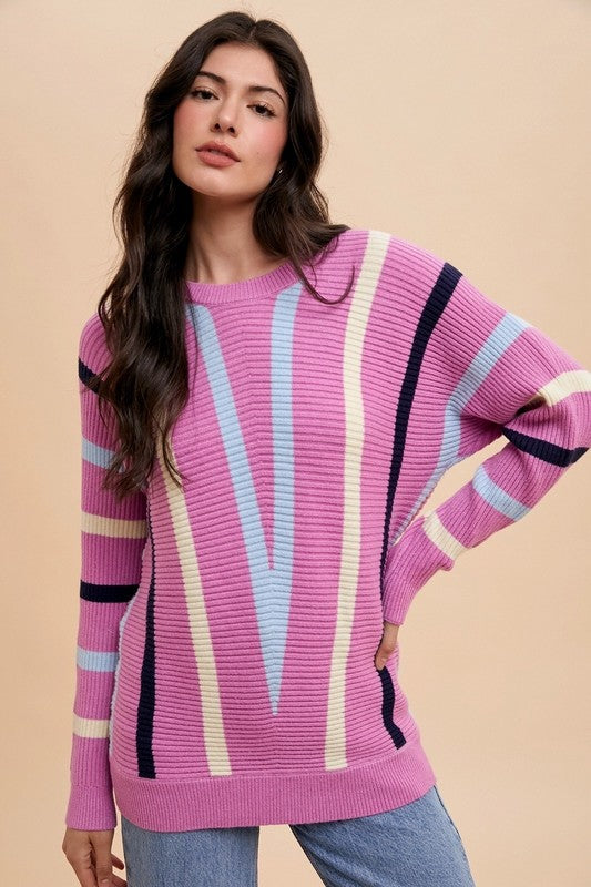 Orchid Chevron Stripe Round Neck Ribbed Sweater