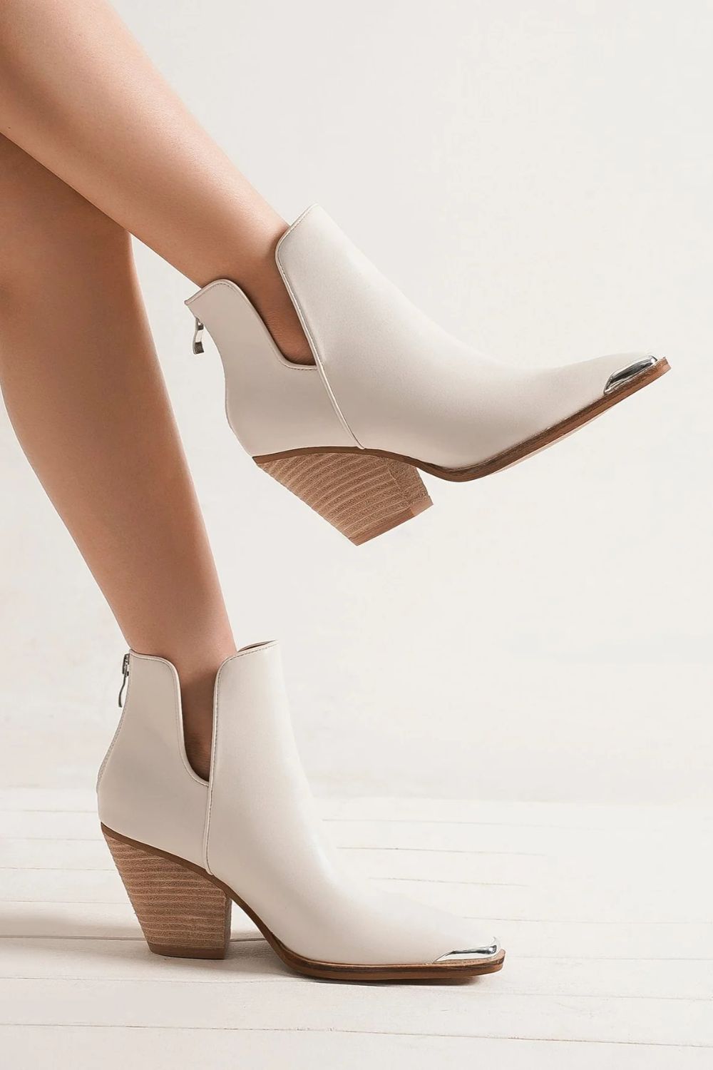 White Pointed Metal-Tip Toe Block Heel Ankle Boots