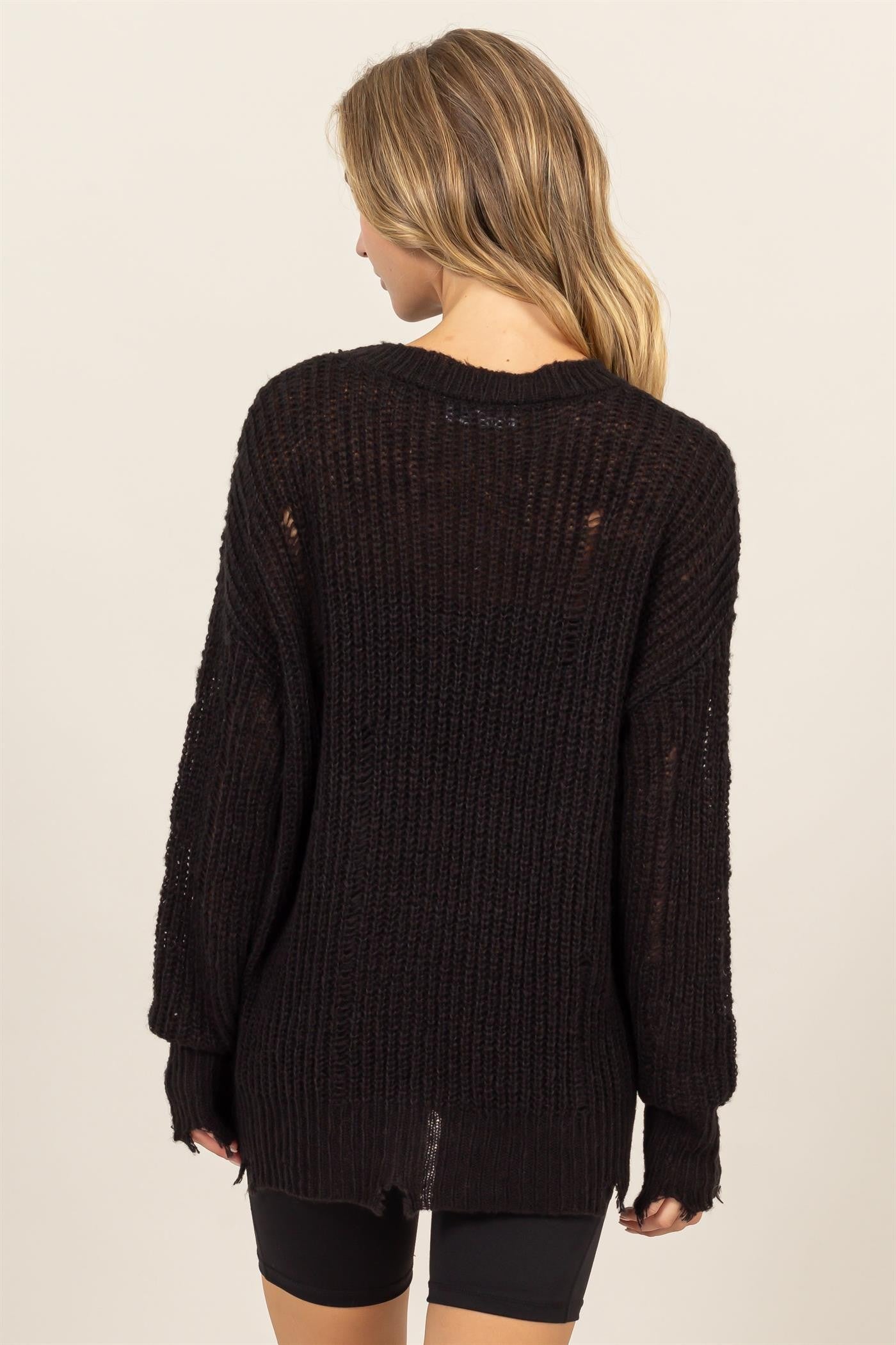 Black Distressed Long Sleeve Knit Top