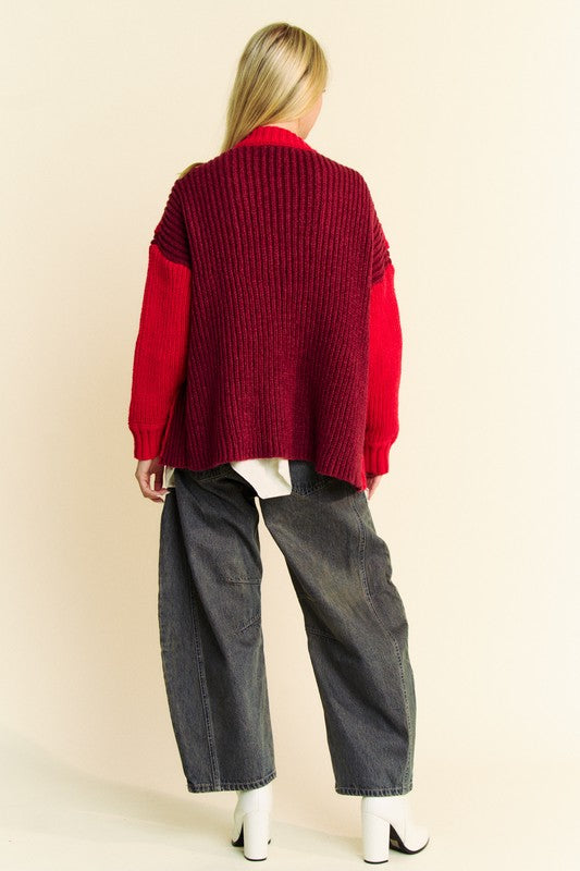 Burgunday Cable-Knit Color Block Open Front Cardigan