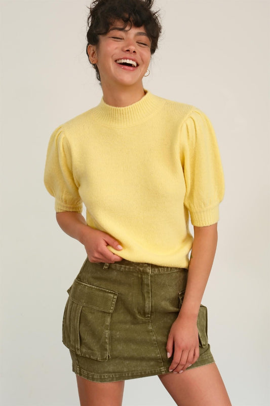 Creamy Yellow Mock Neck Puff Sleeve Sweater