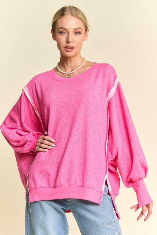 Pink Side Slit High-Low Lantern Sleeve Knit Top