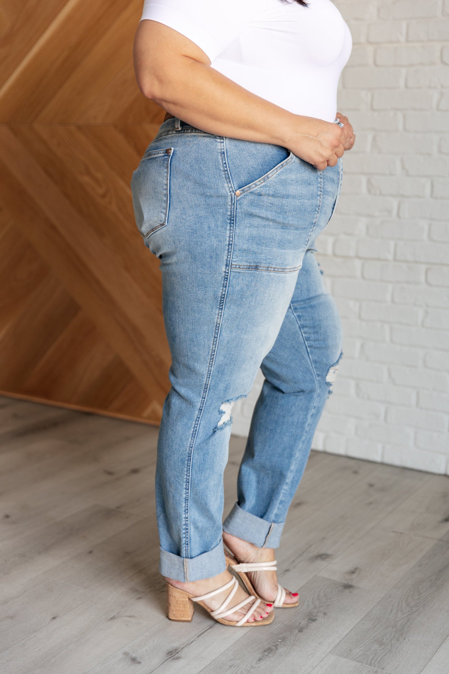 Judy Blue Rise Patch Pocket Distressed Boyfriend Jeans