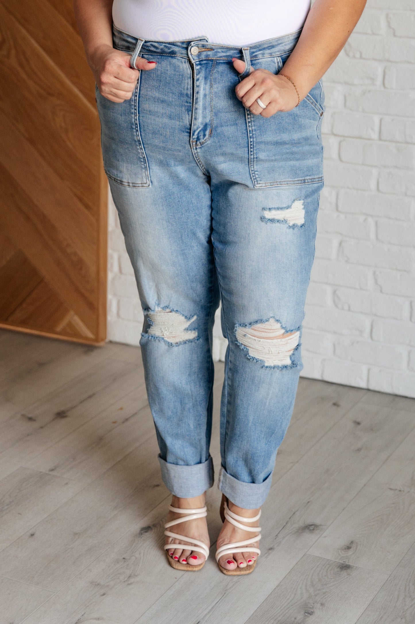Judy Blue Rise Patch Pocket Distressed Boyfriend Jeans