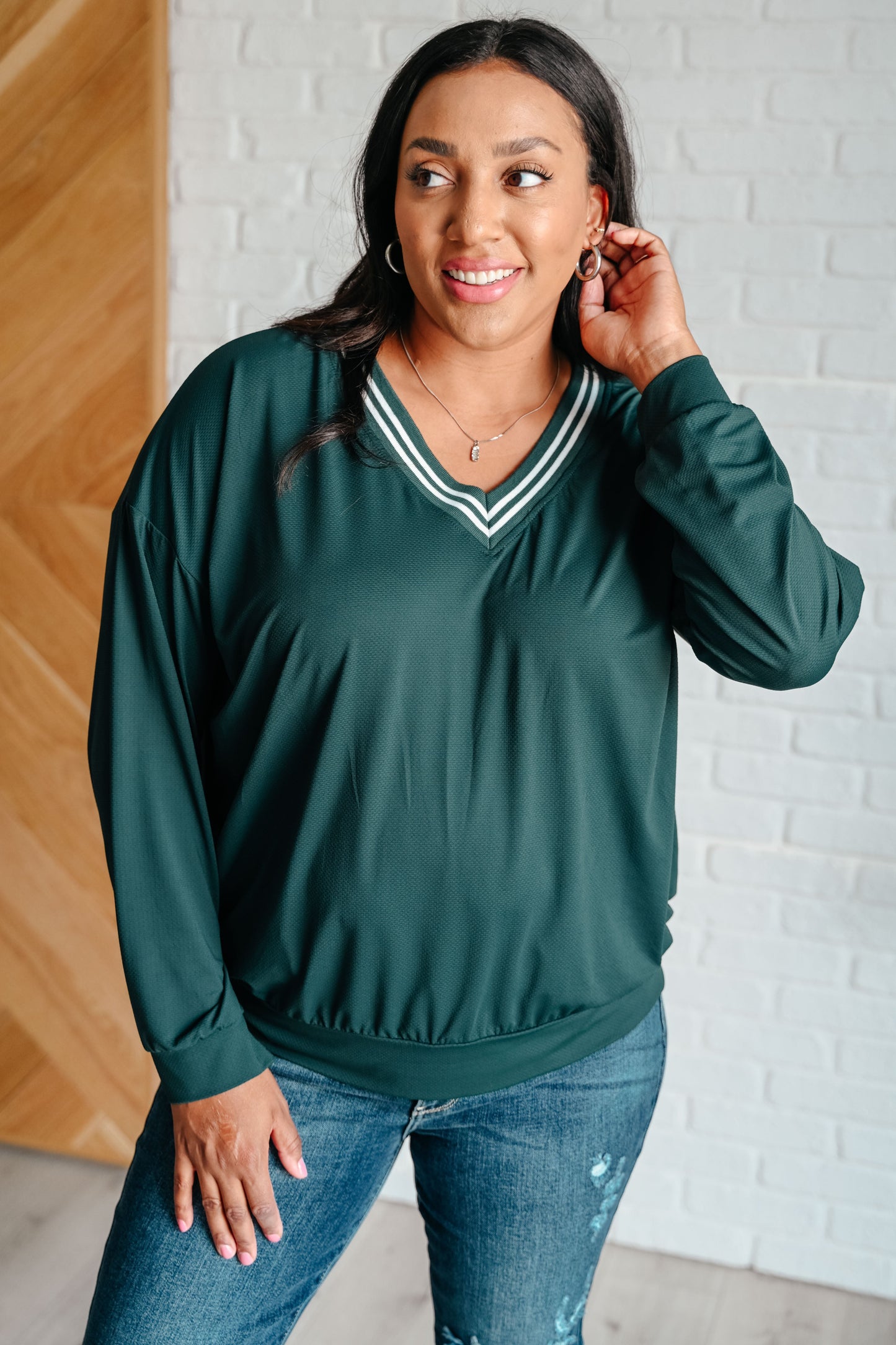 All Out Comfort V-Neck Pullover in Midnight Green