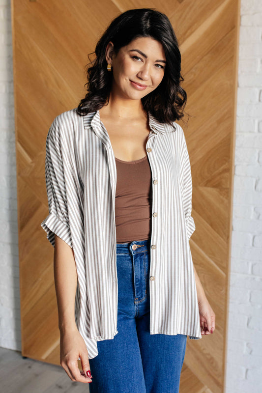 Zenana Boxy Striped Button Up in Mocha