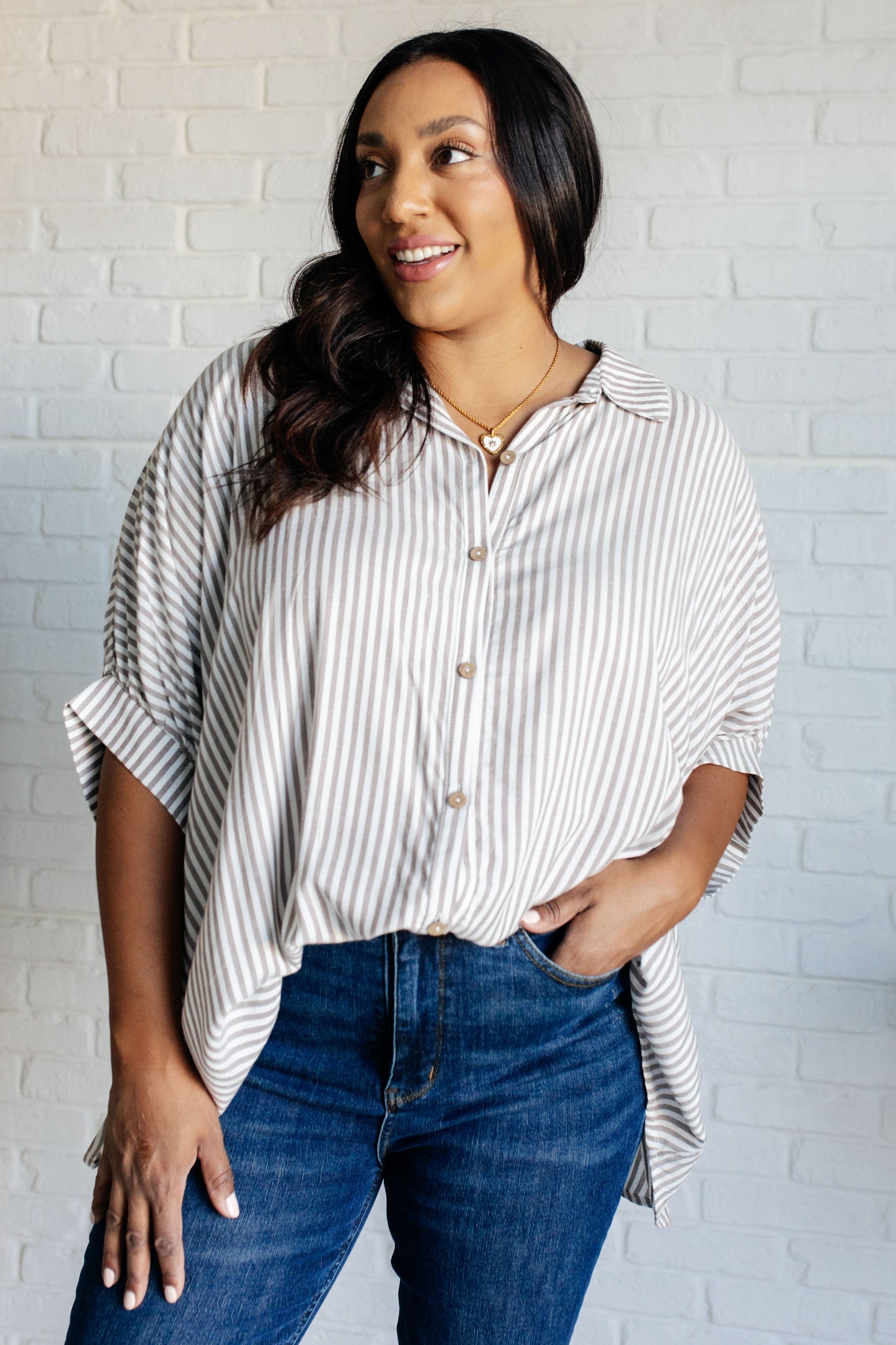 Zenana Boxy Striped Button Up in Mocha