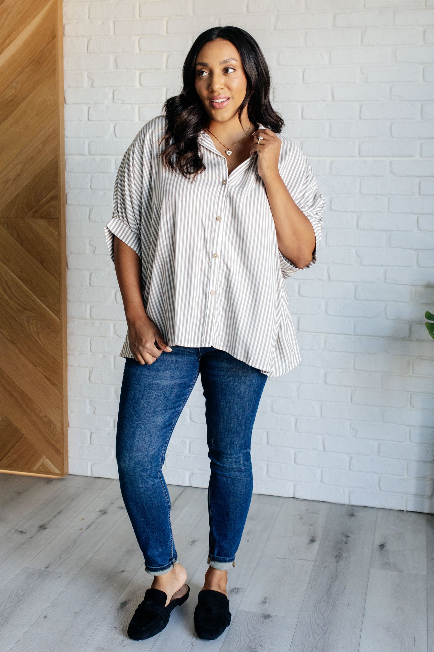 Zenana Boxy Striped Button Up in Mocha