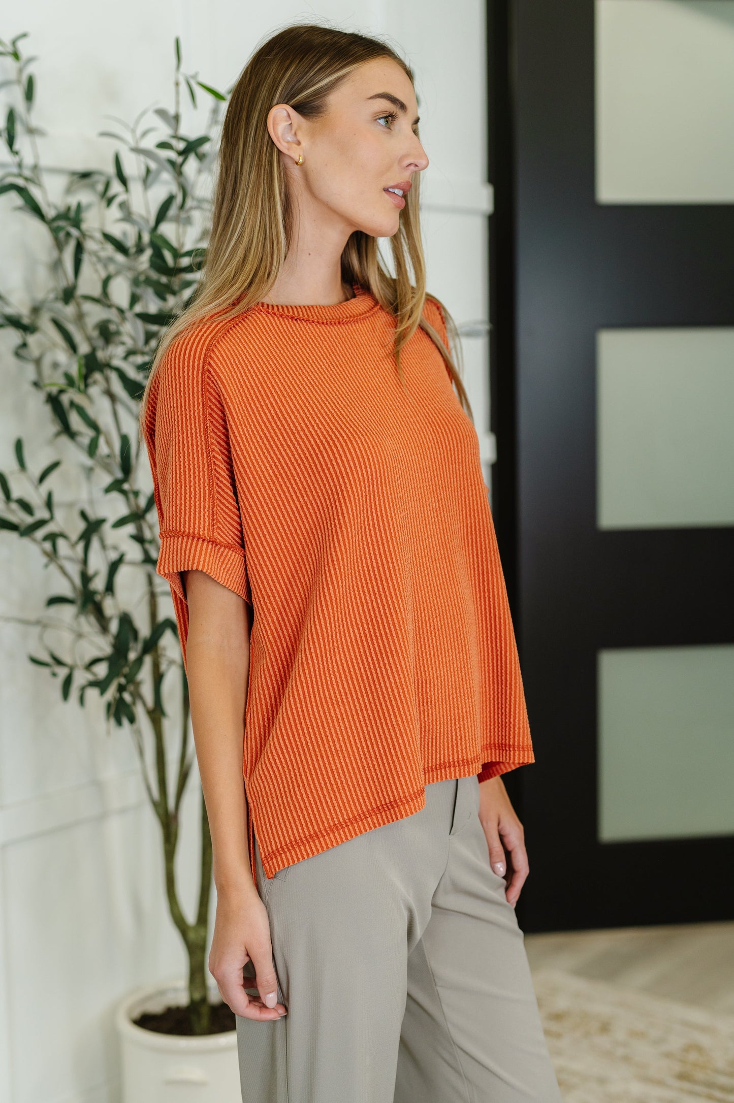 Zenana Cable Ribbed Knit Top in Burnt Orange