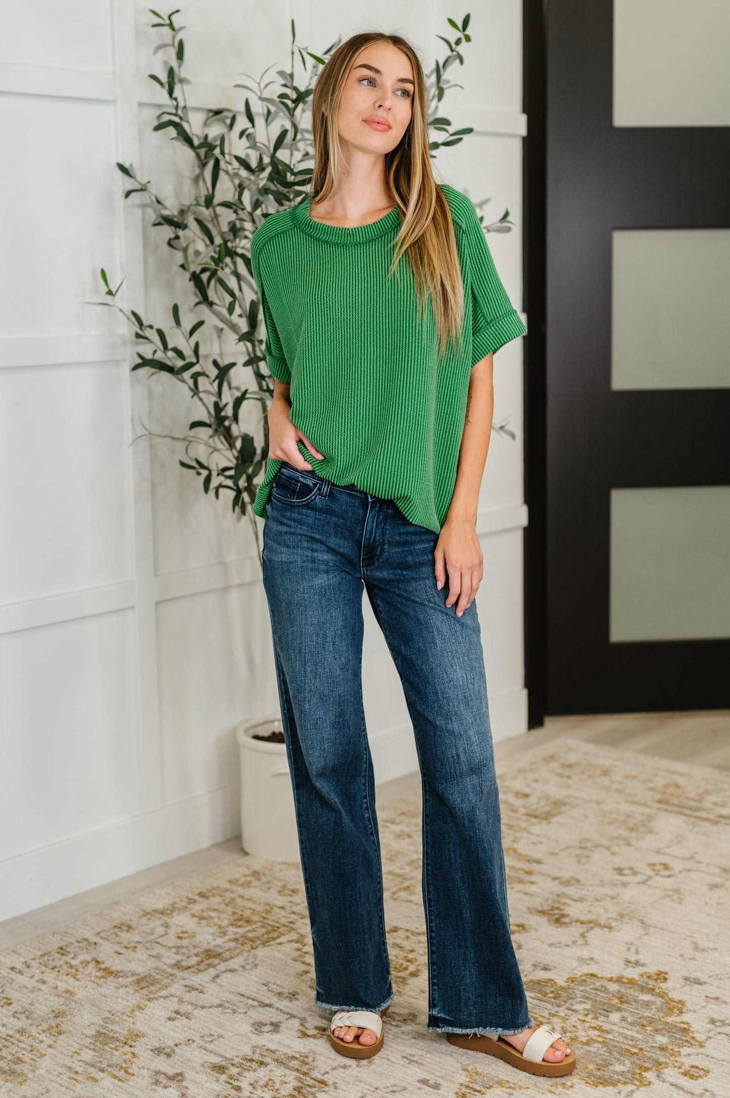 Zenana Cable Ribbed Knit Top in Dark Green