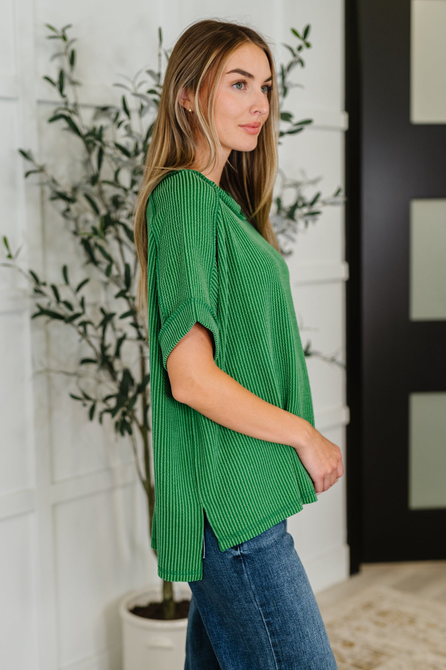 Zenana Cable Ribbed Knit Top in Dark Green