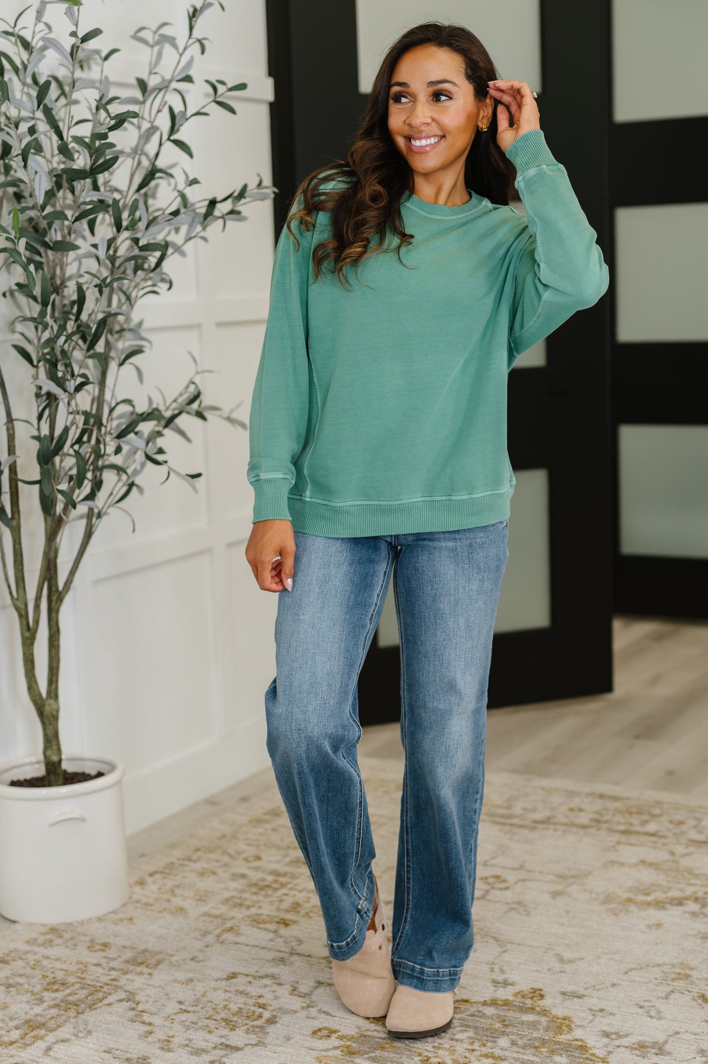 Zenana Mineral Wash Pullover in Dark Green