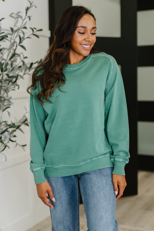 Zenana Mineral Wash Pullover in Dark Green
