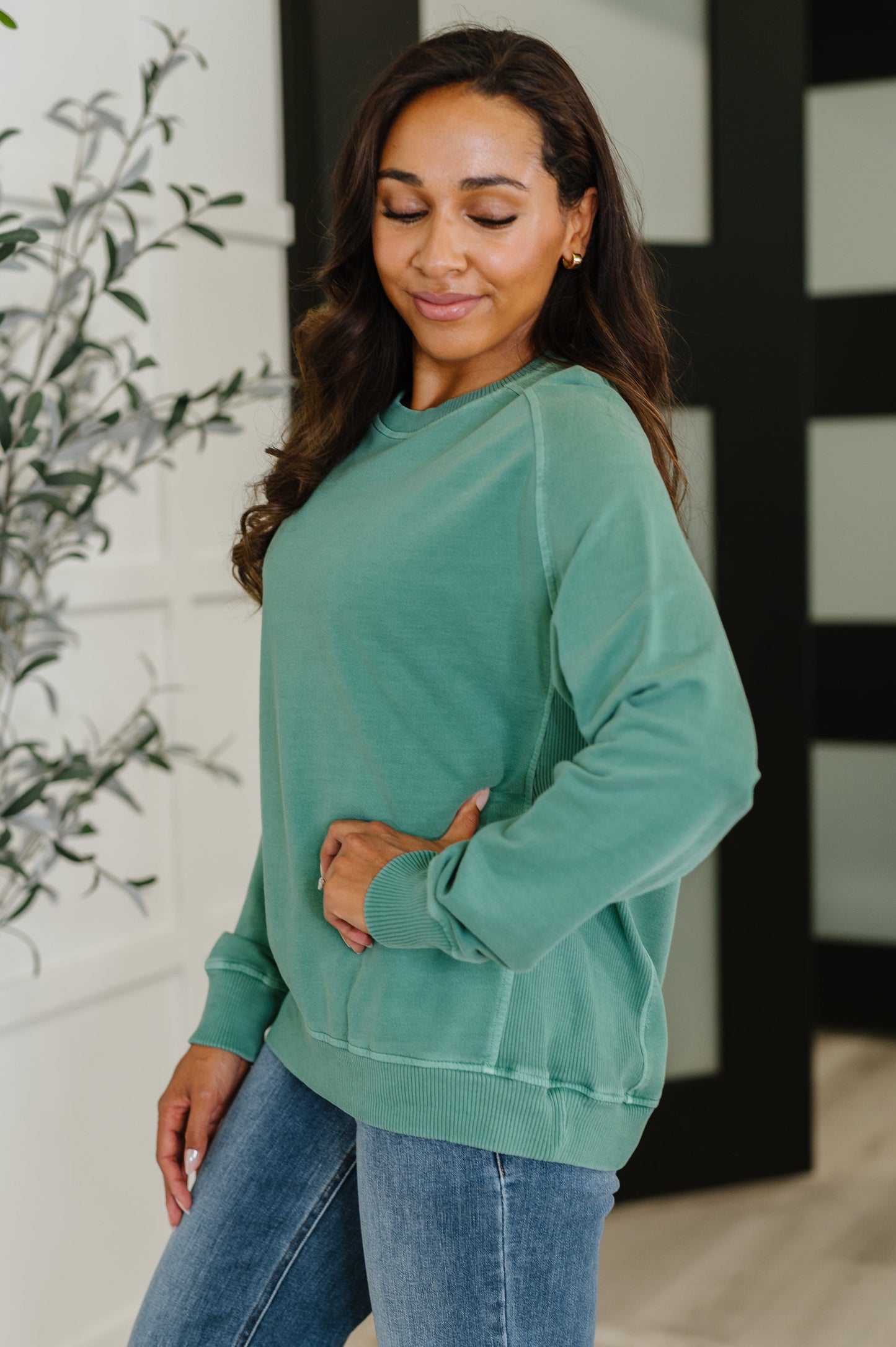 Zenana Mineral Wash Pullover in Dark Green
