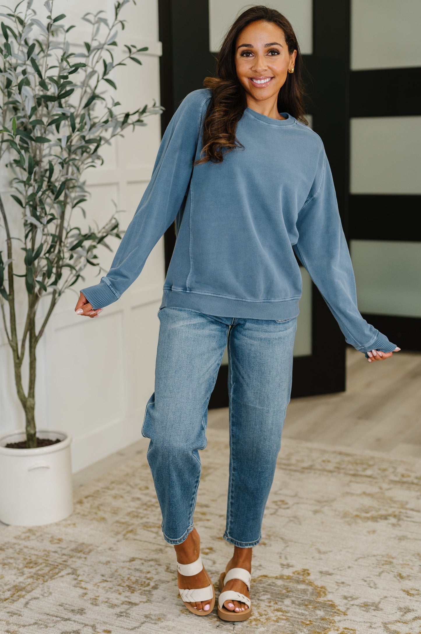 Zenana Mineral Wash Pullover in Dusty Blue