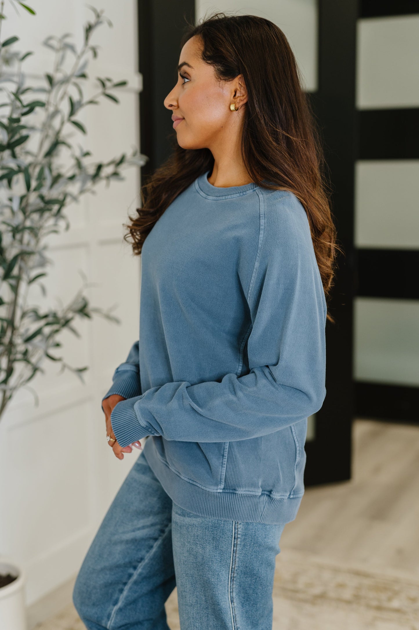 Zenana Mineral Wash Pullover in Dusty Blue