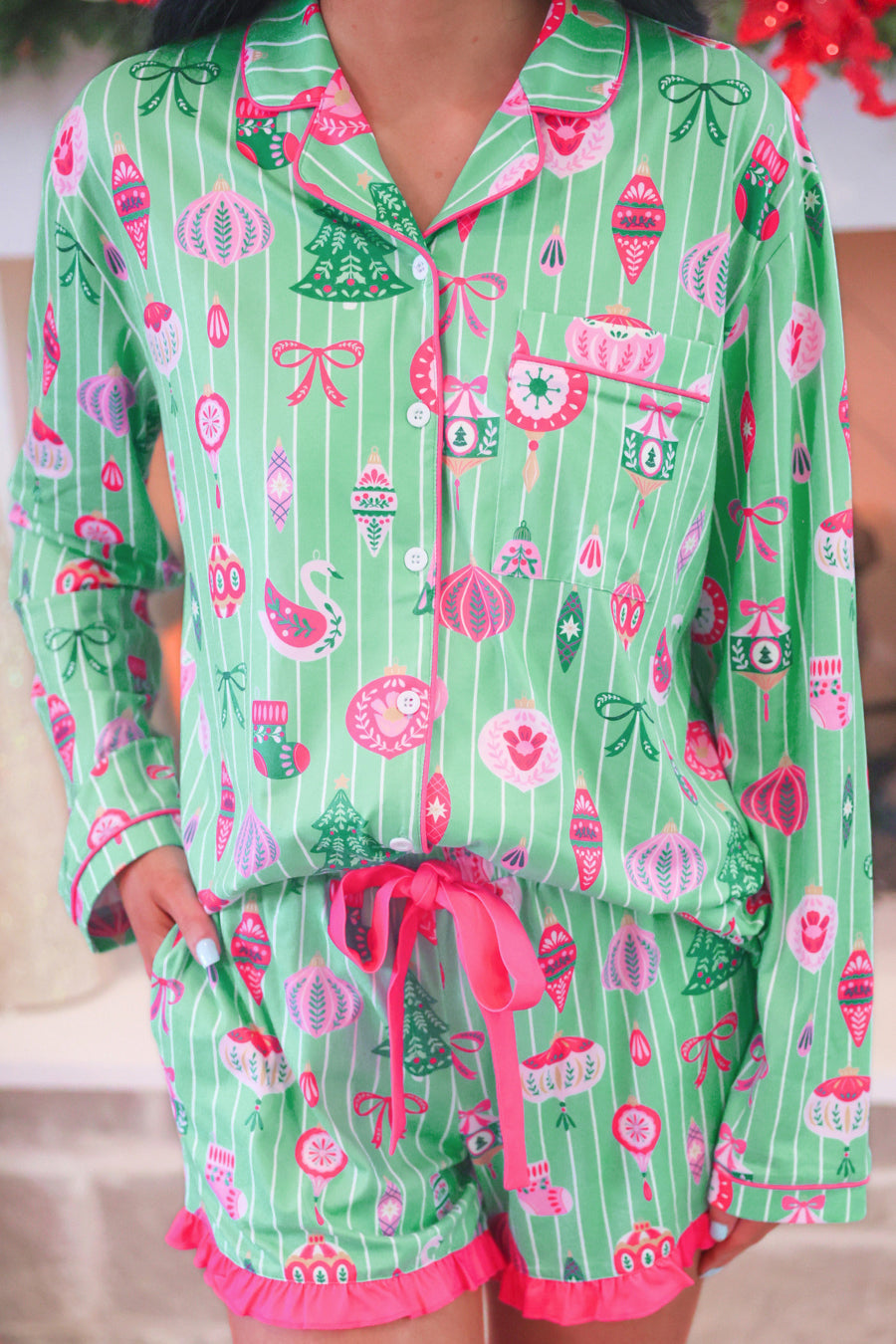 PRE ORDER: Decked in Ornaments Ruffle PJ Set