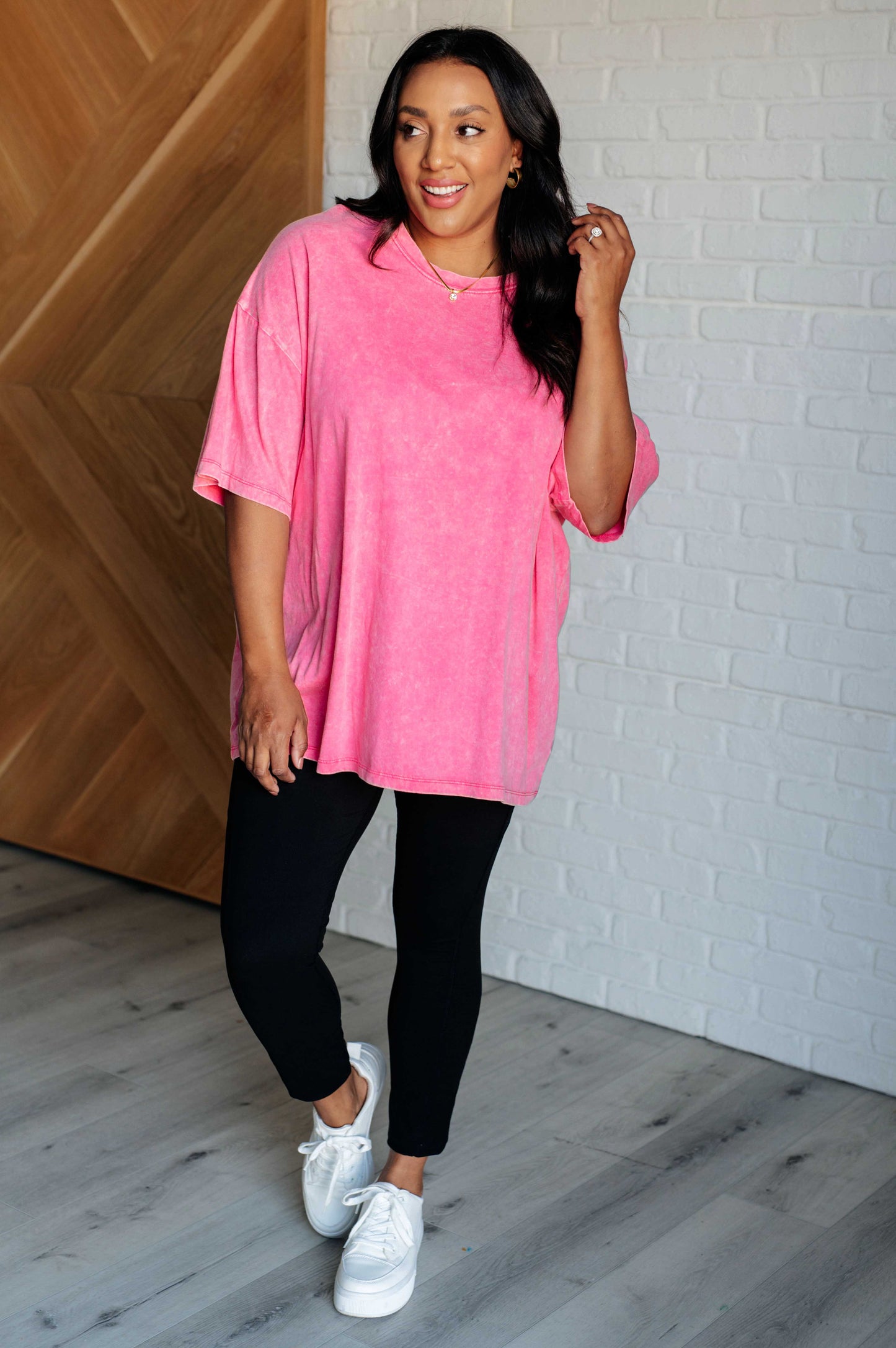 Zenana Mineral Wash Drop Shoulder Tee in Fuchsia