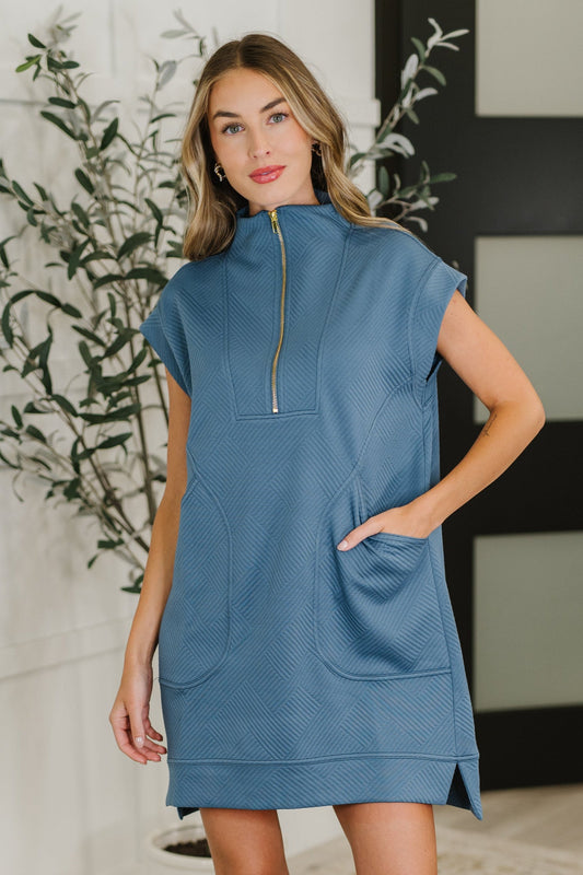 Zenana High Neck Dress in Dusty Blue