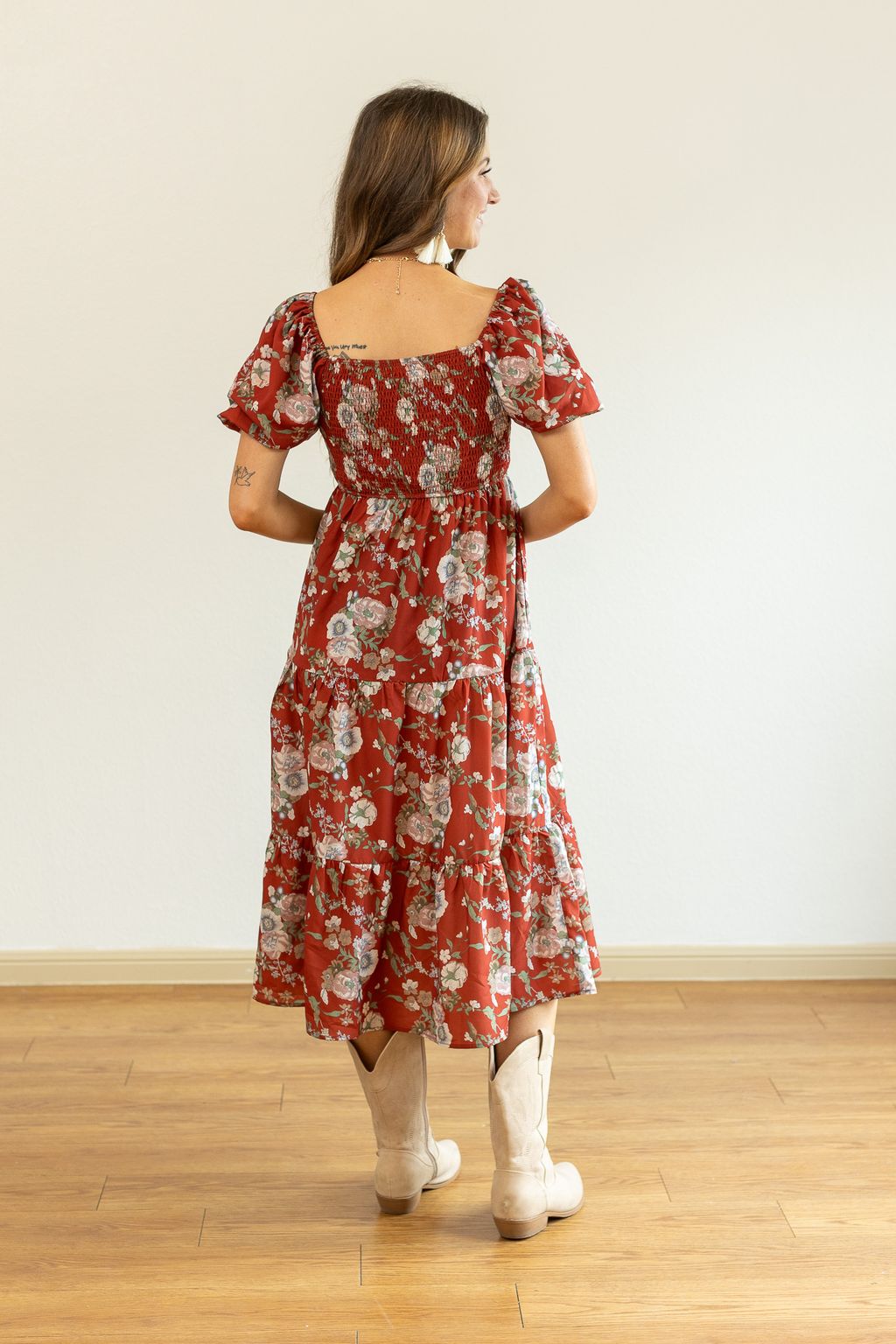 Elizabeth Midi Dress in Rust and Floral