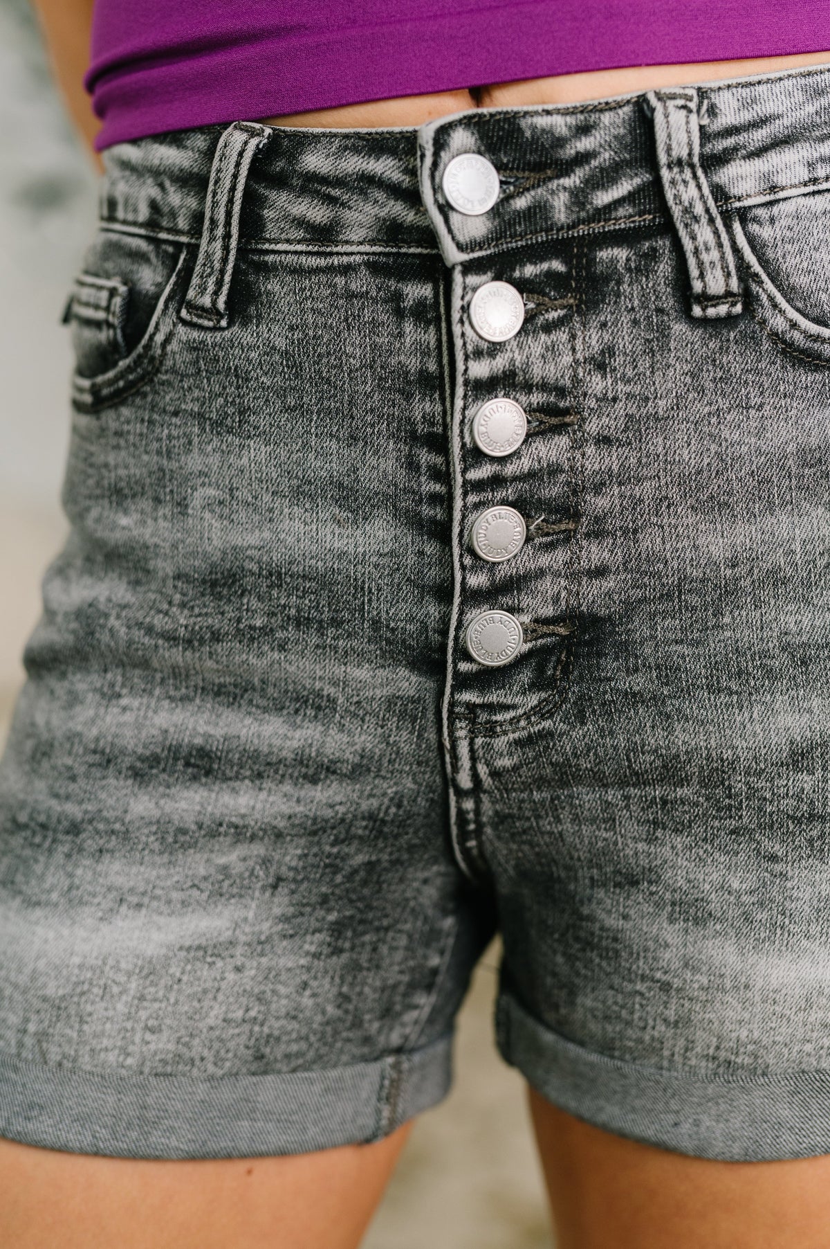 Greyson High Rise Button Fly Cuffed Shorts in Grey