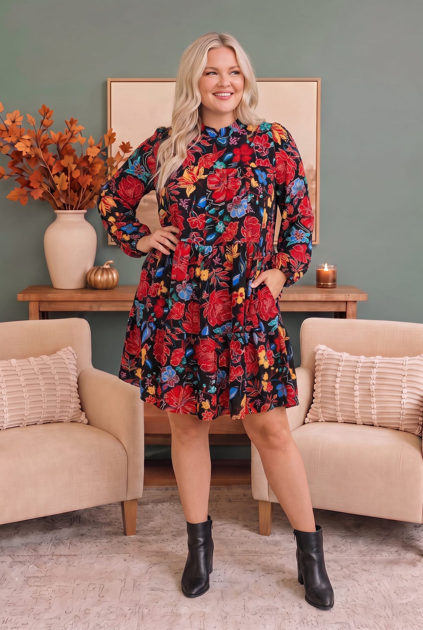 Bold Blooms Long Sleeve Dress