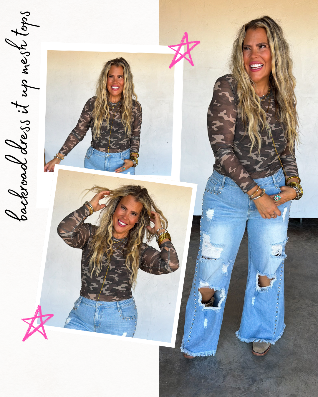 Pre Order: Backround Dress It Up Camo Mesh Top
