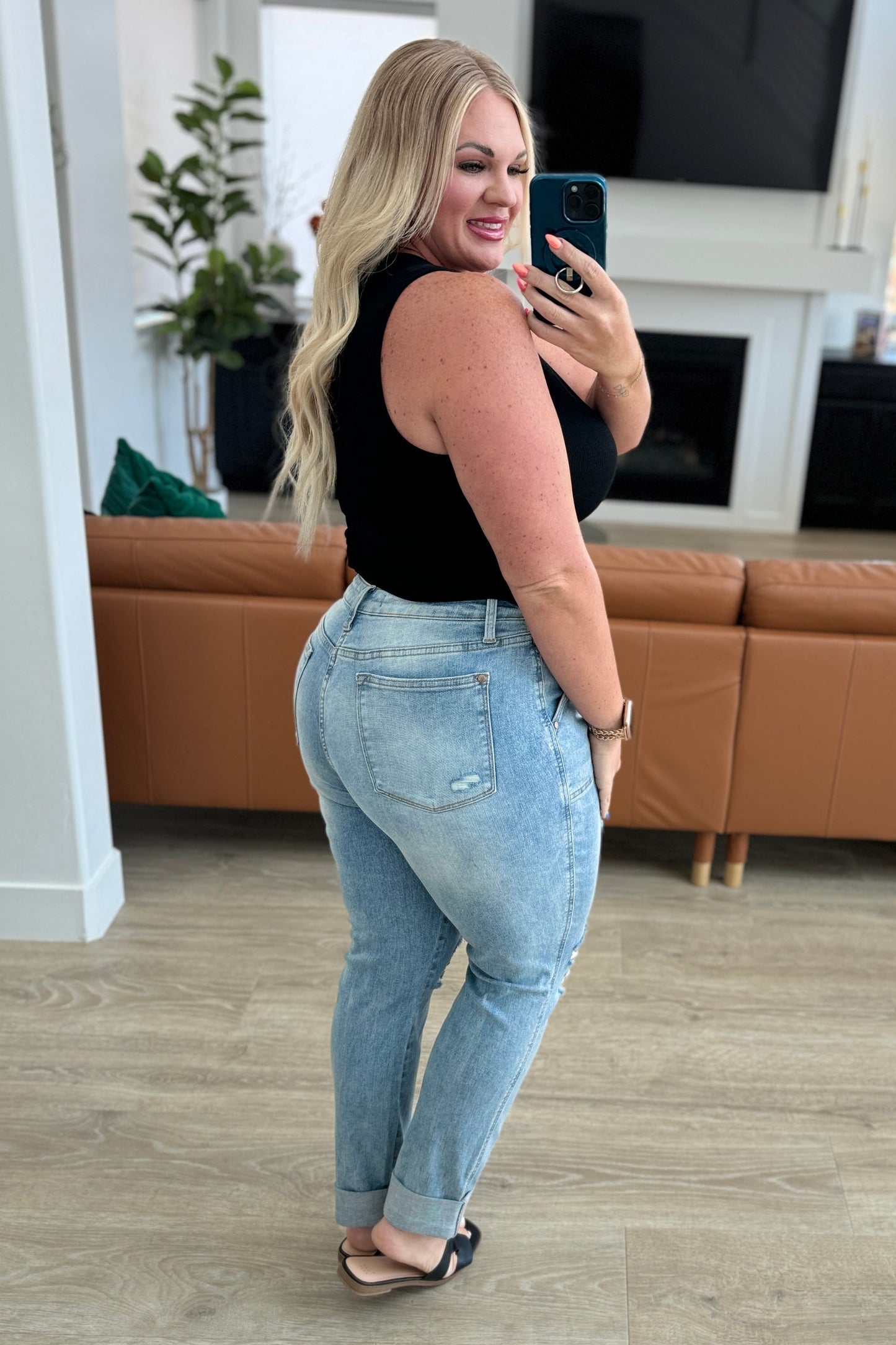 Judy Blue Rise Patch Pocket Distressed Boyfriend Jeans