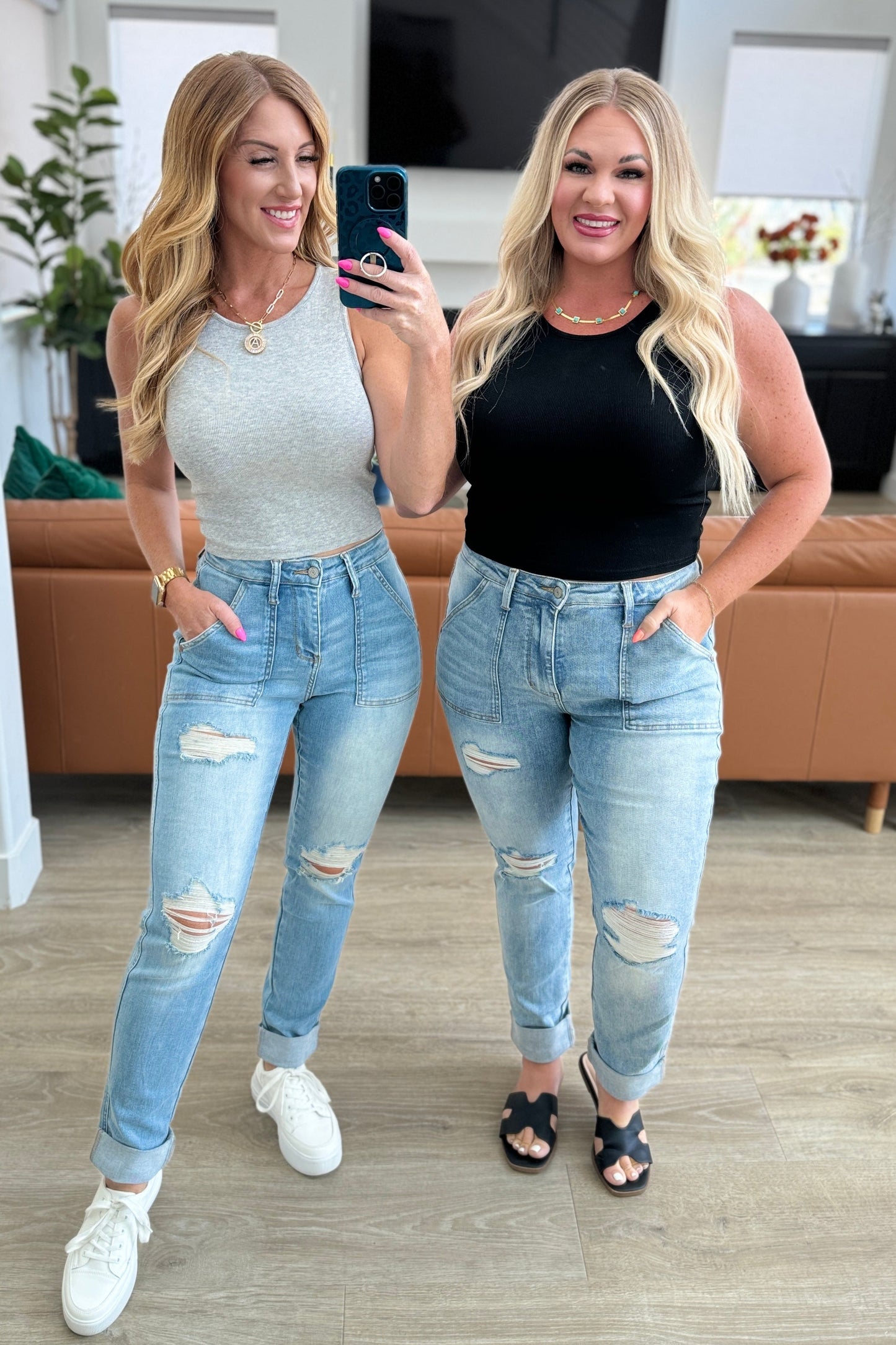 Judy Blue Rise Patch Pocket Distressed Boyfriend Jeans