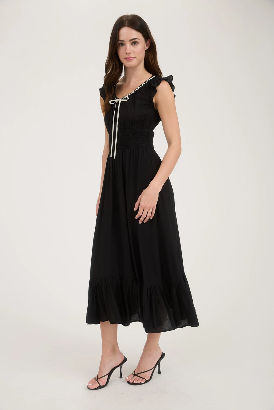 Black Ruffle Midi Dress with Smocked Waist Scoop Neckline & Contrast Ash Noelle Boutique Black Ruffle Midi Dress with Smocked Waist Scoop Neckline & Contrast Ash Noelle Boutique