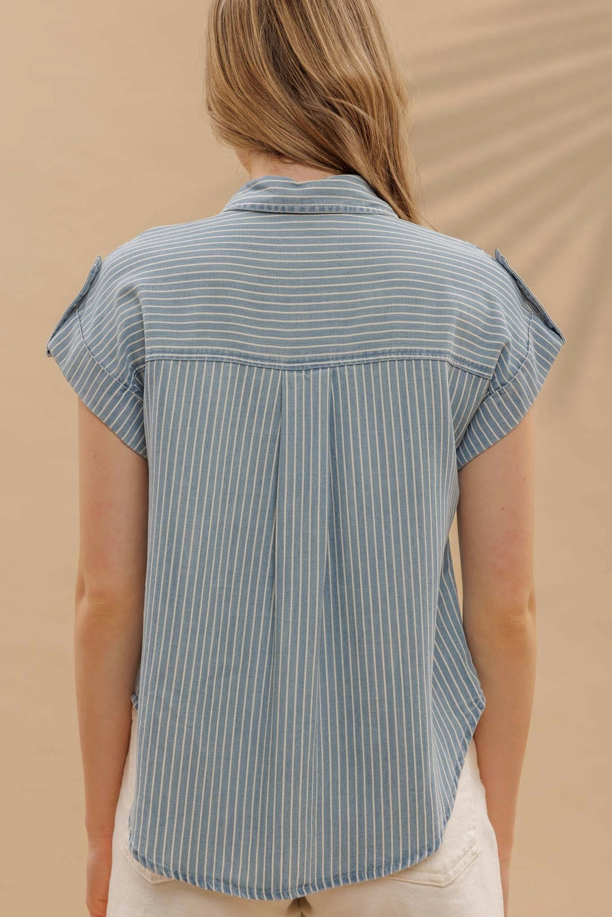Striped chambray button down shirt with front pockets – back view