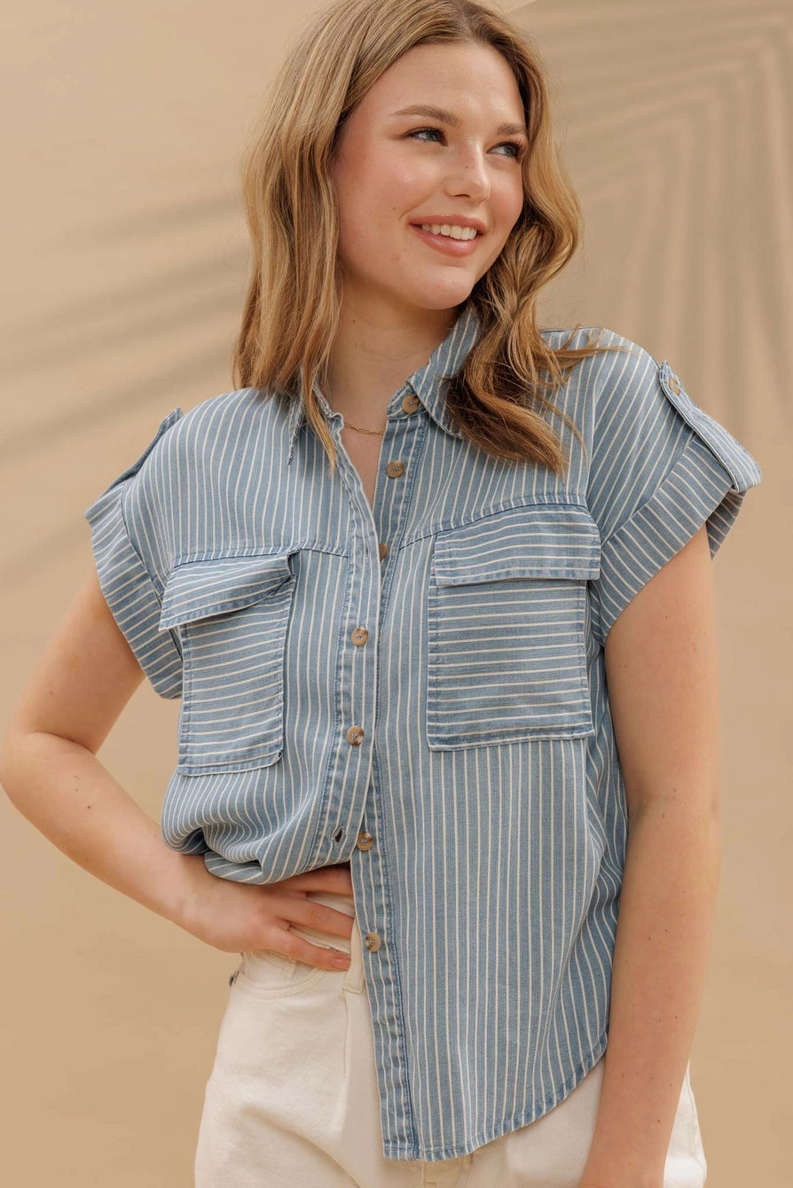 Striped chambray button down shirt with front pockets – front view