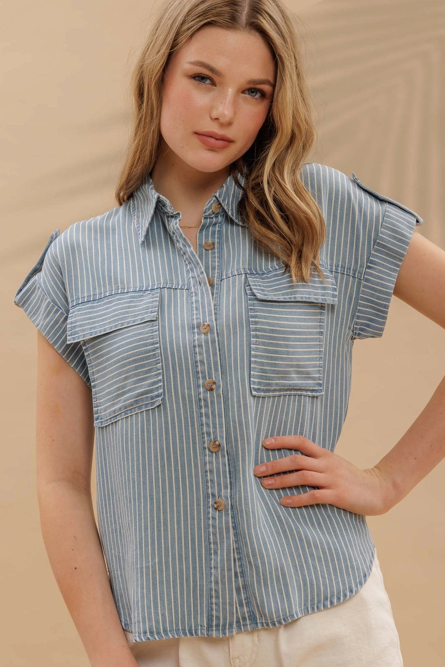 Striped chambray button down shirt with front pockets – front view